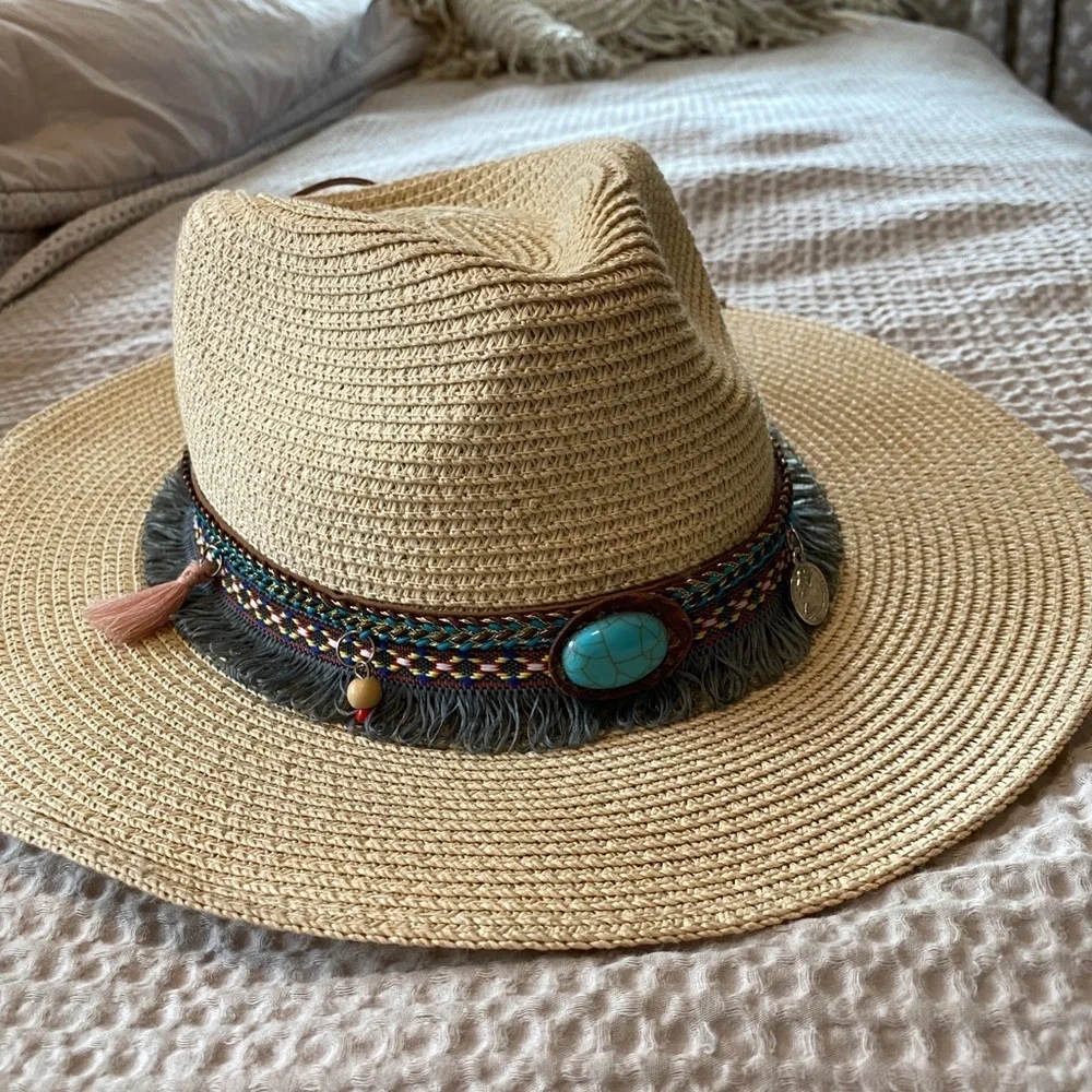 Turquoise Beaded Fringe Straw Sun Hat